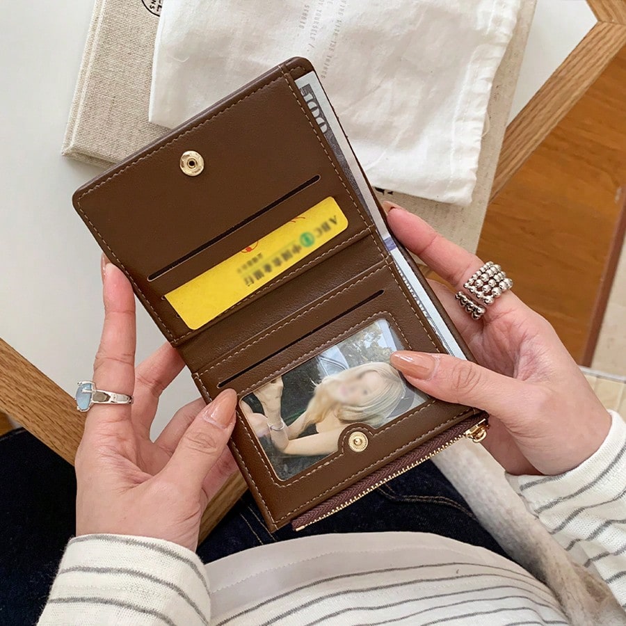 Suede Patchwork Puppy Pendant Women's Bifold Leather Wallet With Simple Belt,Mini Pouch
