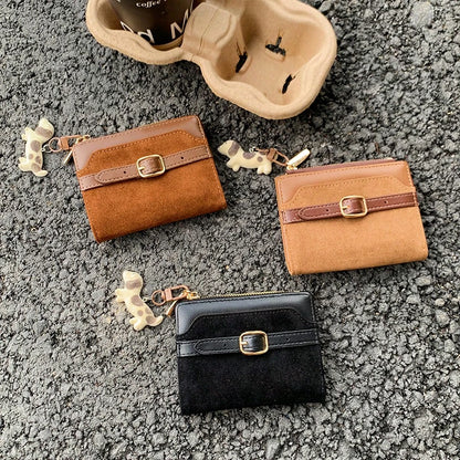 Suede Patchwork Puppy Pendant Women's Bifold Leather Wallet With Simple Belt,Mini Pouch