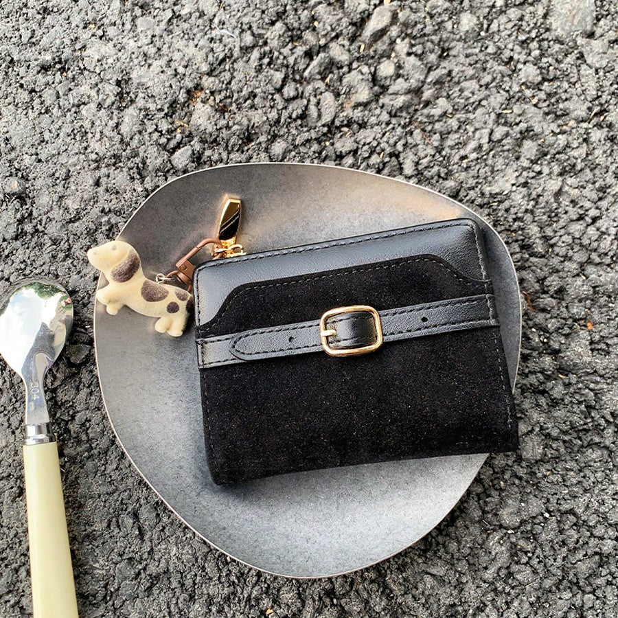 Suede Patchwork Puppy Pendant Women's Bifold Leather Wallet With Simple Belt,Mini Pouch