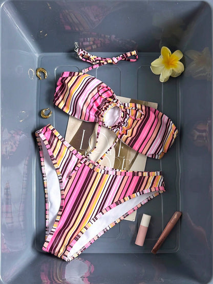 Sultry Sol New Fashionable Sexy Striped Multi-Color Print Front Tie Removable Strap Drawstring Pants Bikini Swimwear, Essential Vacation Beach