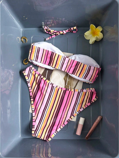 Sultry Sol New Fashionable Sexy Striped Multi-Color Print Front Tie Removable Strap Drawstring Pants Bikini Swimwear, Essential Vacation Beach