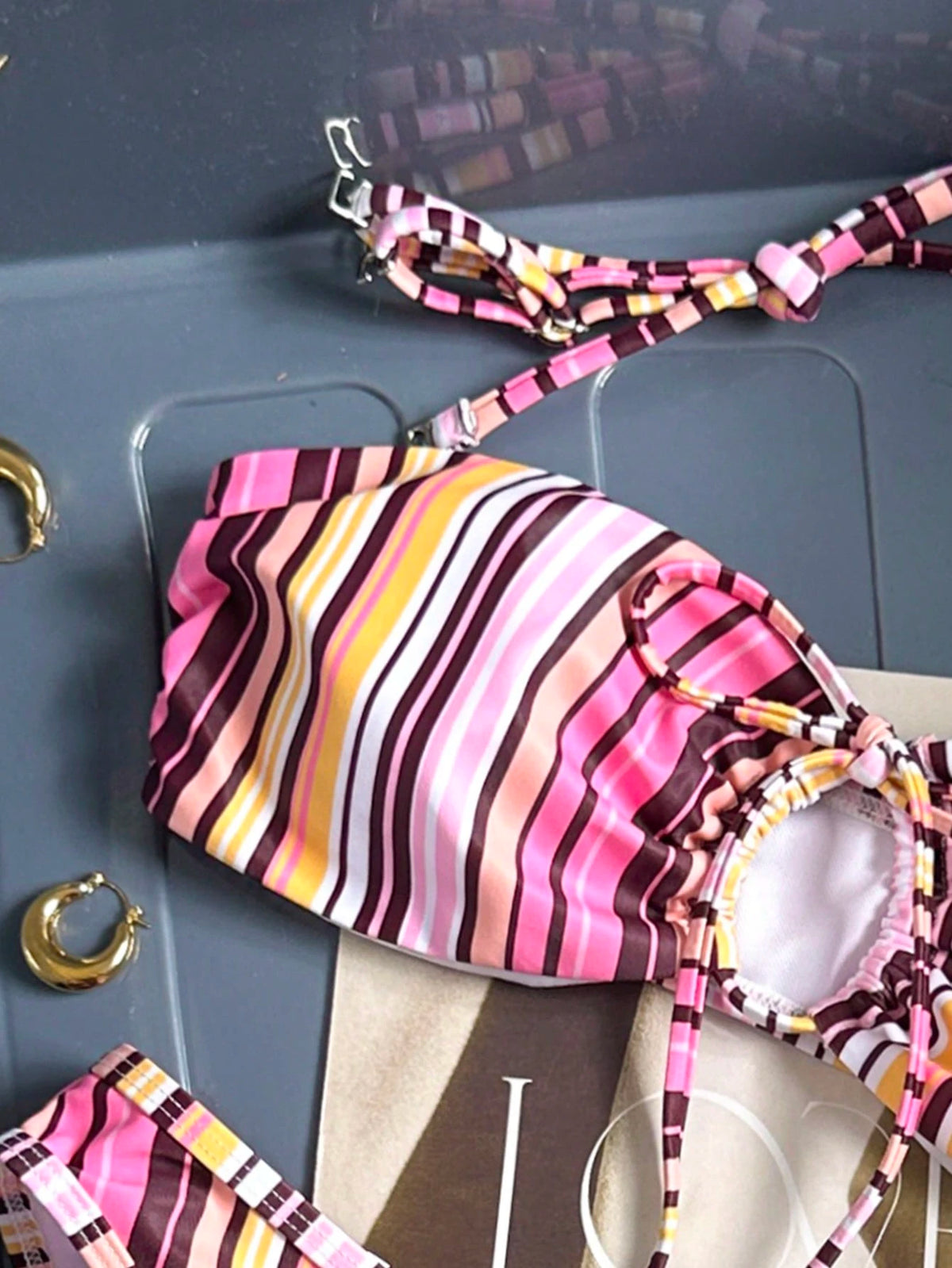 Sultry Sol New Fashionable Sexy Striped Multi-Color Print Front Tie Removable Strap Drawstring Pants Bikini Swimwear, Essential Vacation Beach