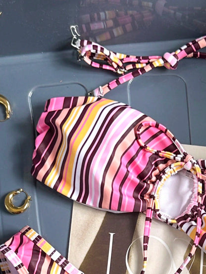 Sultry Sol New Fashionable Sexy Striped Multi-Color Print Front Tie Removable Strap Drawstring Pants Bikini Swimwear, Essential Vacation Beach