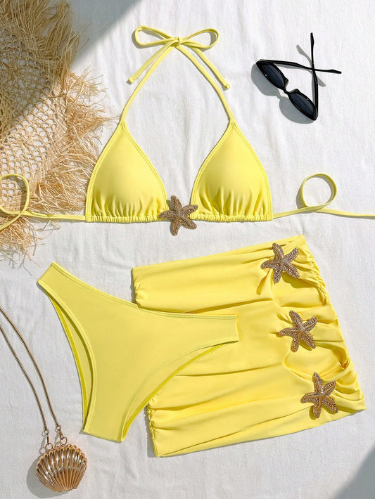 Summer 3pcs Starfish Halter Neck Triangle Bikini Set With Back Tie Sexy Star Back Tie Ruffle Backless Skirt For Women Vacation Beach Yellow