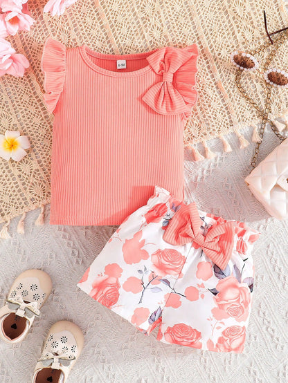 Summer Baby Girl's Clothing Set For Baby Girls- Cap Sleeve Cute Bowknot Top With Casual Flower Printed Shorts, 2pcs Outfit For Baby Girls