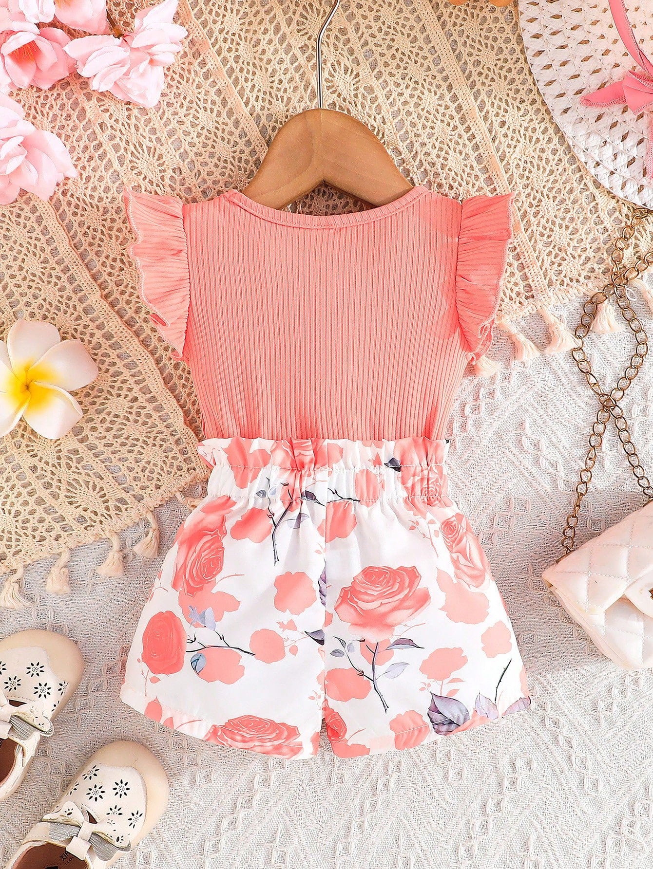 Summer Baby Girl's Clothing Set For Baby Girls- Cap Sleeve Cute Bowknot Top With Casual Flower Printed Shorts, 2pcs Outfit For Baby Girls