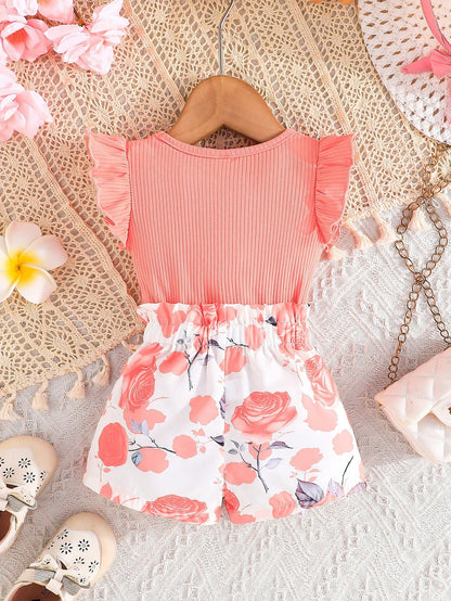 Summer Baby Girl's Clothing Set For Baby Girls- Cap Sleeve Cute Bowknot Top With Casual Flower Printed Shorts, 2pcs Outfit For Baby Girls