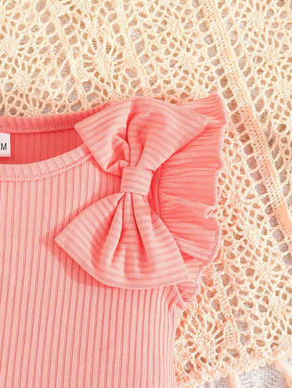 Summer Baby Girl's Clothing Set For Baby Girls- Cap Sleeve Cute Bowknot Top With Casual Flower Printed Shorts, 2pcs Outfit For Baby Girls