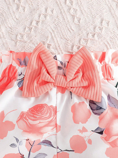 Summer Baby Girl's Clothing Set For Baby Girls- Cap Sleeve Cute Bowknot Top With Casual Flower Printed Shorts, 2pcs Outfit For Baby Girls