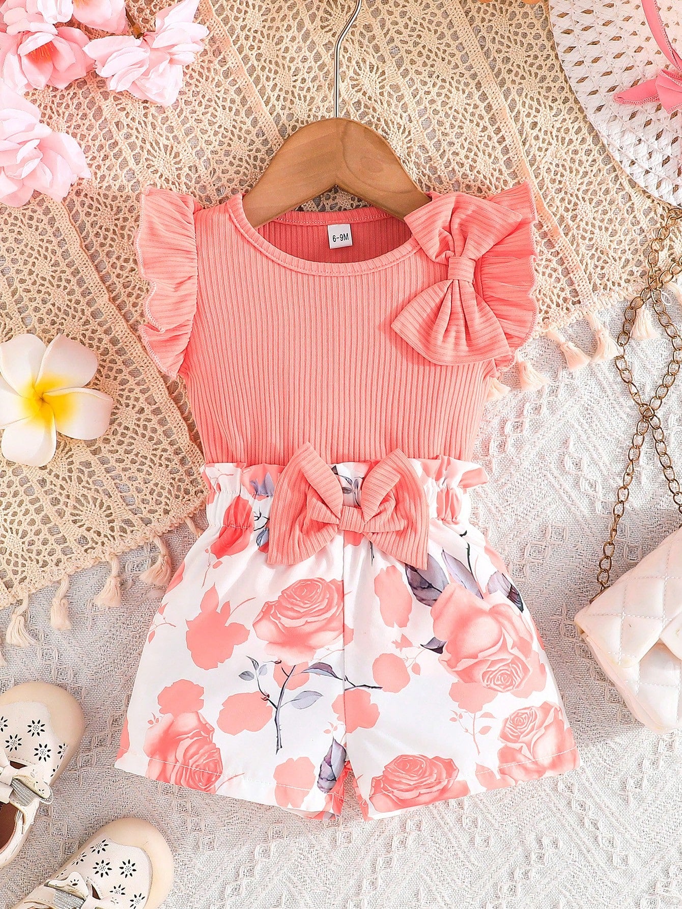 Summer Baby Girl's Clothing Set For Baby Girls- Cap Sleeve Cute Bowknot Top With Casual Flower Printed Shorts, 2pcs Outfit For Baby Girls