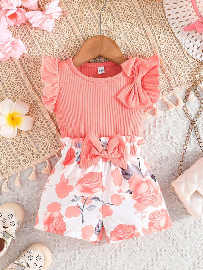 Summer Baby Girl's Clothing Set For Baby Girls- Cap Sleeve Cute Bowknot Top With Casual Flower Printed Shorts, 2pcs Outfit For Baby Girls