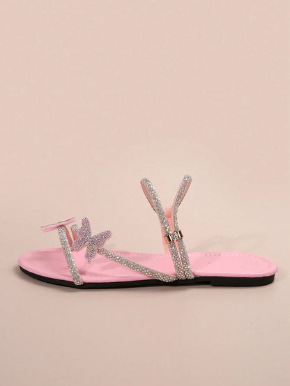 Summer New Rhinestone Bow Multi-Strap Dual-Wear Design Flat Sandals, Comfortable For Dates, Parties, Home, Casual And Daily Outings