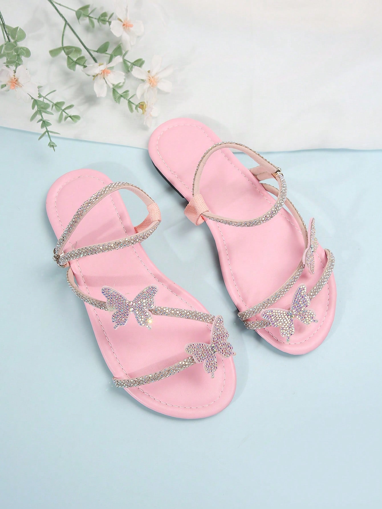 Summer New Rhinestone Bow Multi-Strap Dual-Wear Design Flat Sandals, Comfortable For Dates, Parties, Home, Casual And Daily Outings
