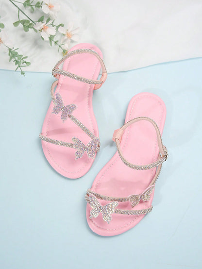 Summer New Rhinestone Bow Multi-Strap Dual-Wear Design Flat Sandals, Comfortable For Dates, Parties, Home, Casual And Daily Outings