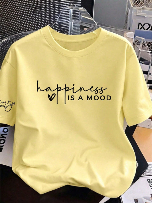 Summer New Women's Regular Length Knit Fabric T-Shirt With Positive & Happy Quotes, Simple & Fashionable Casual