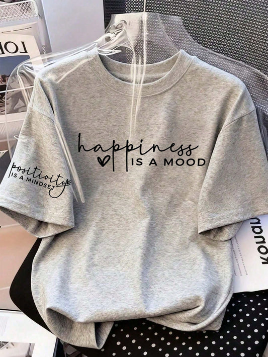 Summer New Women's Regular Length Knitted Fabric T-Shirt With Positive & Happy Quotes, Simple & Fashionable, Suitable For Daily & Vacation Wear Casual