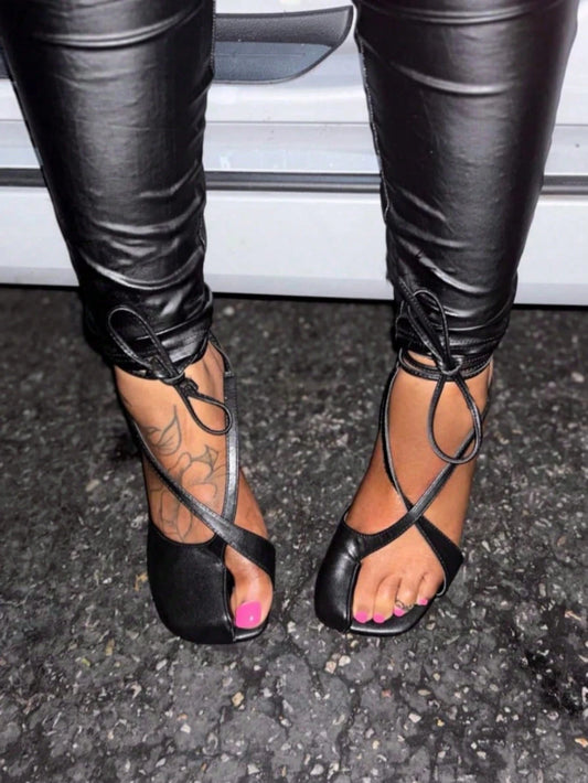 Summer Sandals For Women Block Heel Open Toe Sandals Roman Sandals With Lace Up Ankle Strap Cross Tied Sexy Square Toe Pumps Party Dressy Pumps Shoes
