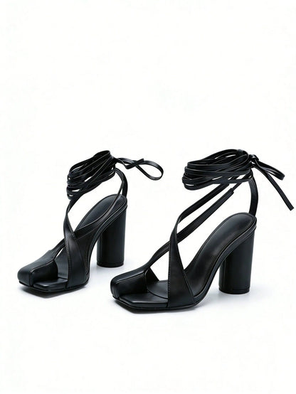 Summer Sandals For Women Block Heel Open Toe Sandals Roman Sandals With Lace Up Ankle Strap Cross Tied Sexy Square Toe Pumps Party Dressy Pumps Shoes
