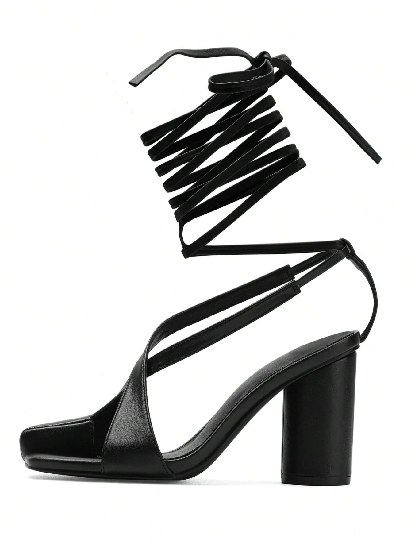 Summer Sandals For Women Block Heel Open Toe Sandals Roman Sandals With Lace Up Ankle Strap Cross Tied Sexy Square Toe Pumps Party Dressy Pumps Shoes