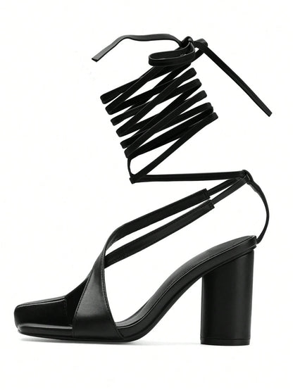 Summer Sandals For Women Block Heel Open Toe Sandals Roman Sandals With Lace Up Ankle Strap Cross Tied Sexy Square Toe Pumps Party Dressy Pumps Shoes