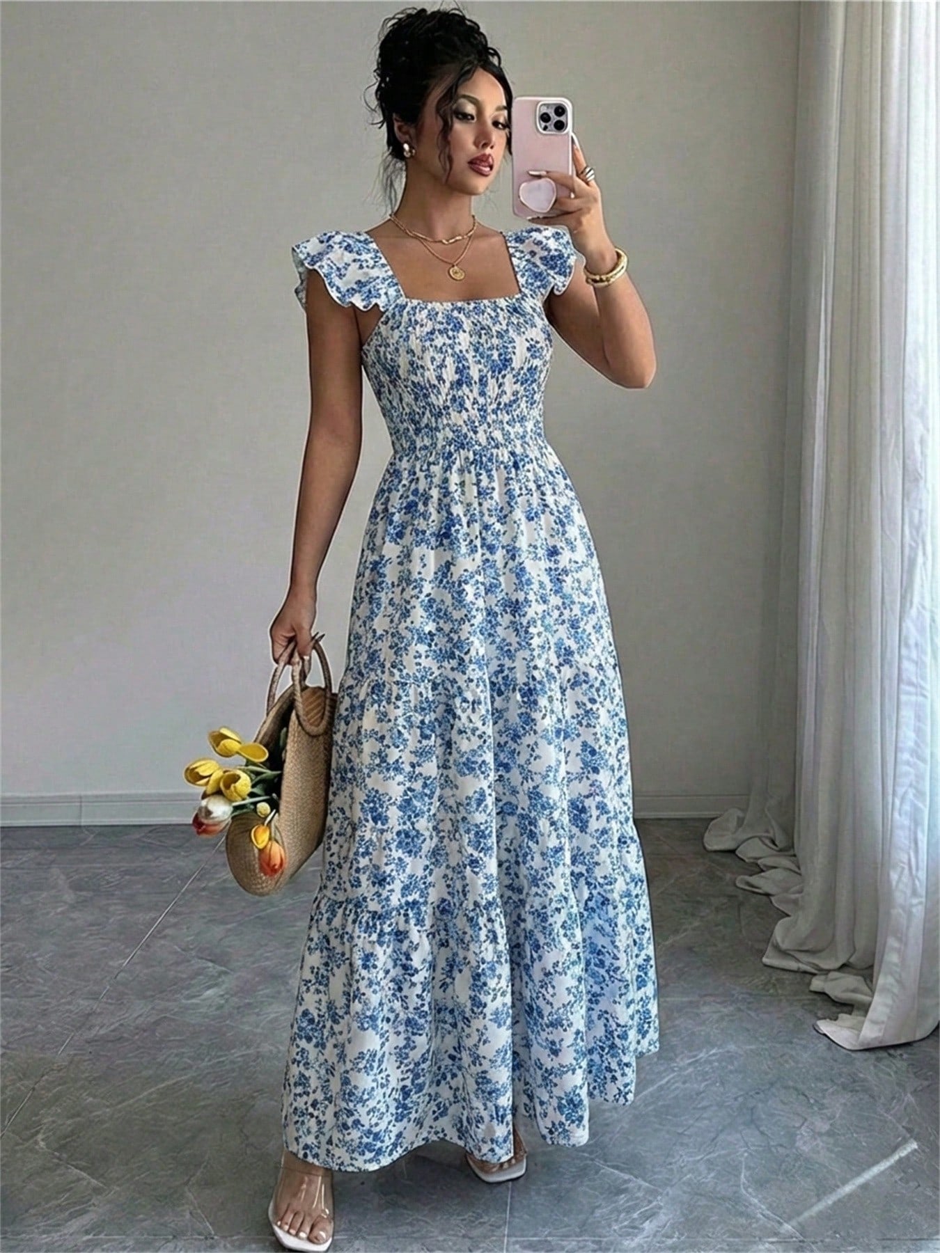 Summer Square Neck Backless Smocked Floral Dress Women's Sleeveless Ruffle Trim Tiered Cami Midi Beach Vacation Dress