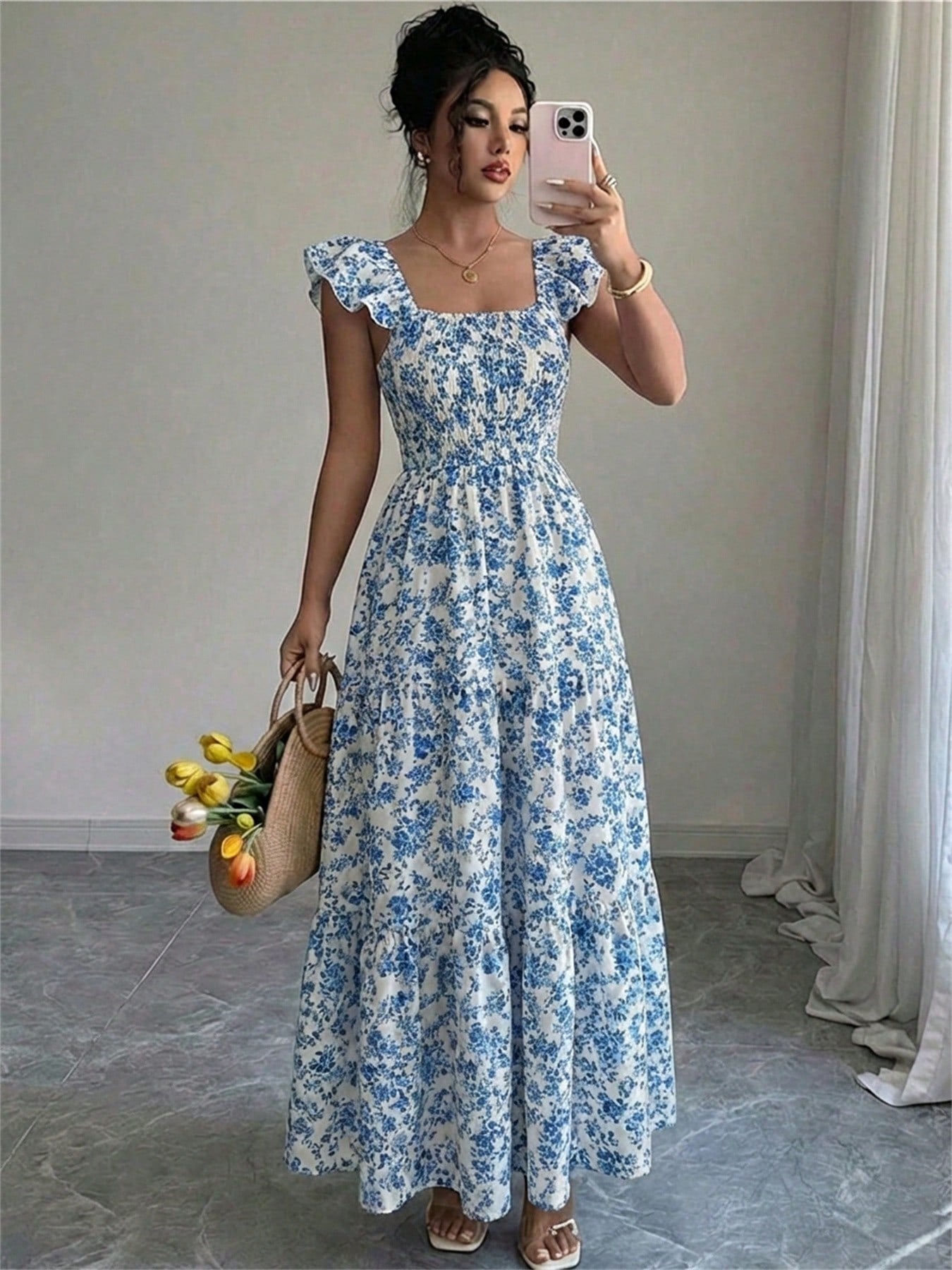 Summer Square Neck Backless Smocked Floral Dress Women's Sleeveless Ruffle Trim Tiered Cami Midi Beach Vacation Dress