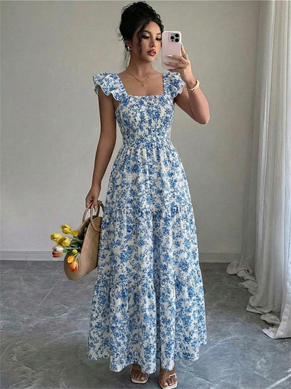 Summer Square Neck Backless Smocked Floral Dress Women's Sleeveless Ruffle Trim Tiered Cami Midi Beach Vacation Dress