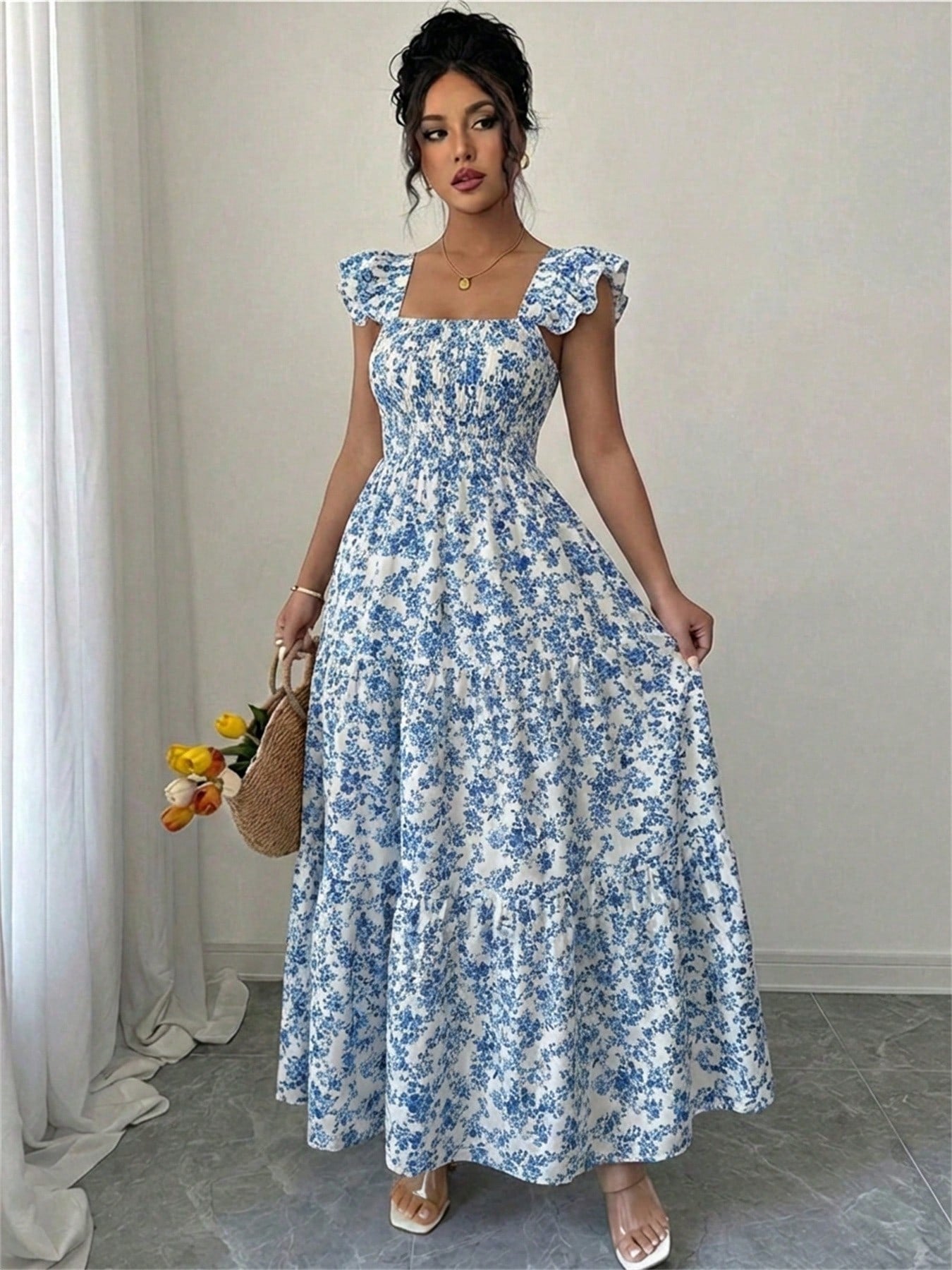Summer Square Neck Backless Smocked Floral Dress Women's Sleeveless Ruffle Trim Tiered Cami Midi Beach Vacation Dress