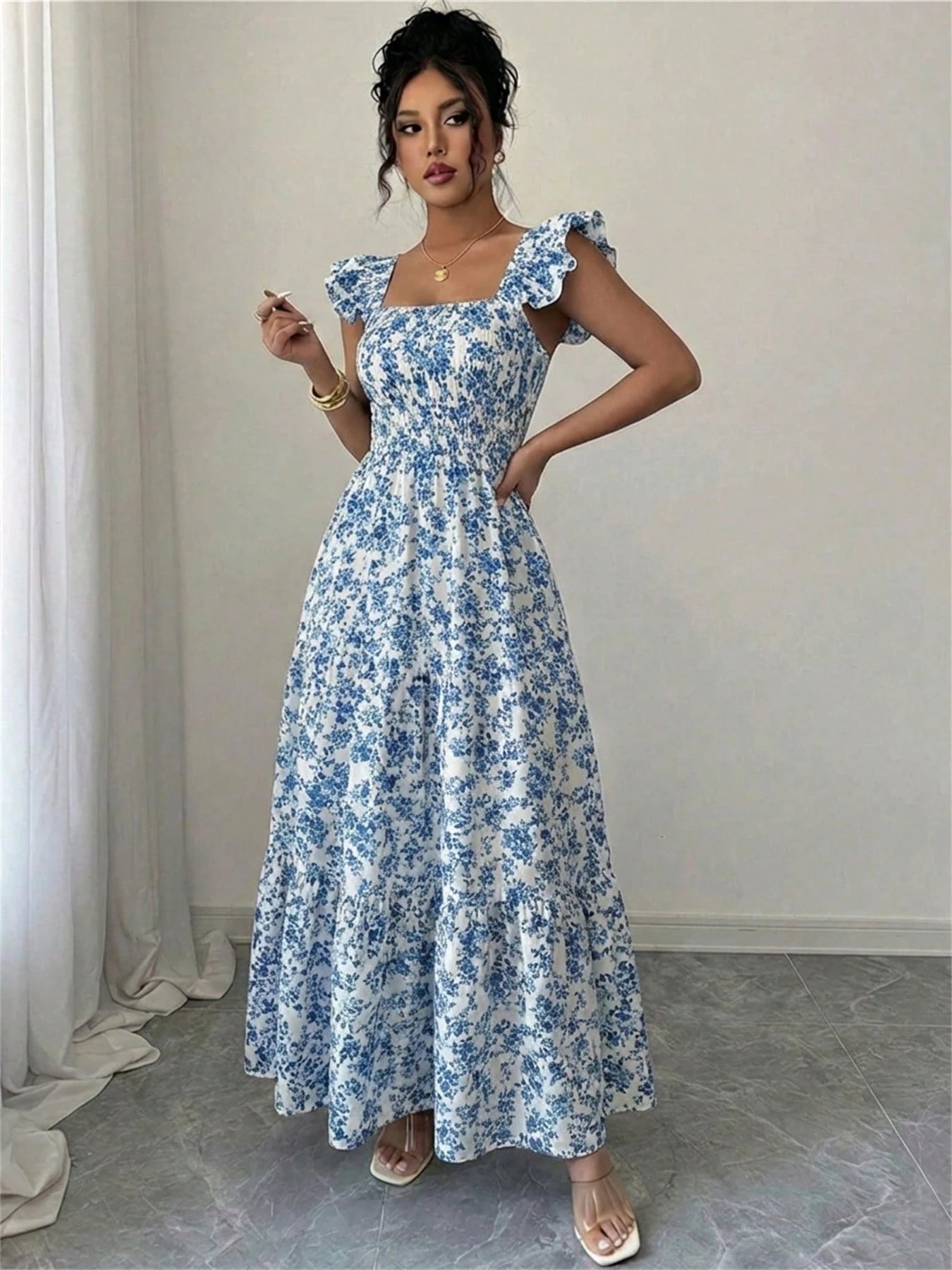 Summer Square Neck Backless Smocked Floral Dress Women's Sleeveless Ruffle Trim Tiered Cami Midi Beach Vacation Dress