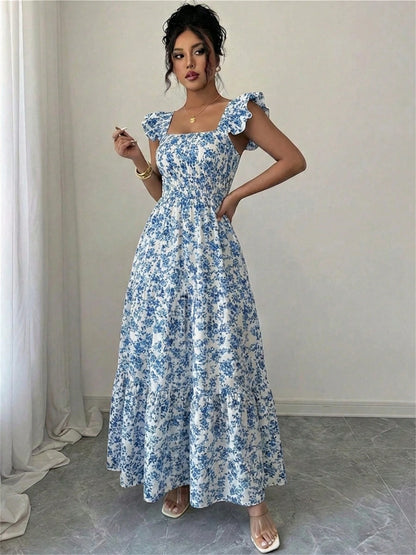 Summer Square Neck Backless Smocked Floral Dress Women's Sleeveless Ruffle Trim Tiered Cami Midi Beach Vacation Dress