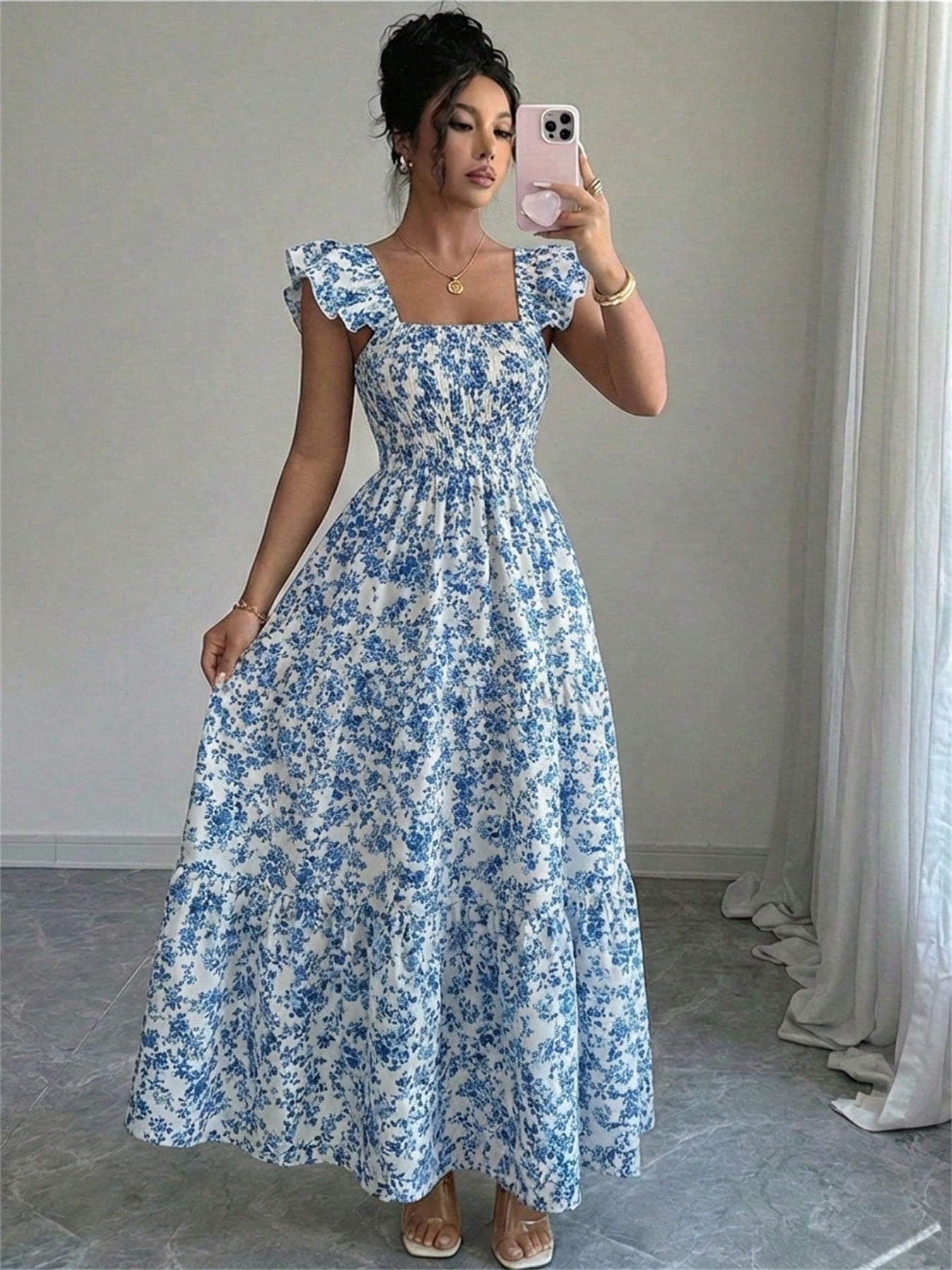 Summer Square Neck Backless Smocked Floral Dress Women's Sleeveless Ruffle Trim Tiered Cami Midi Beach Vacation Dress