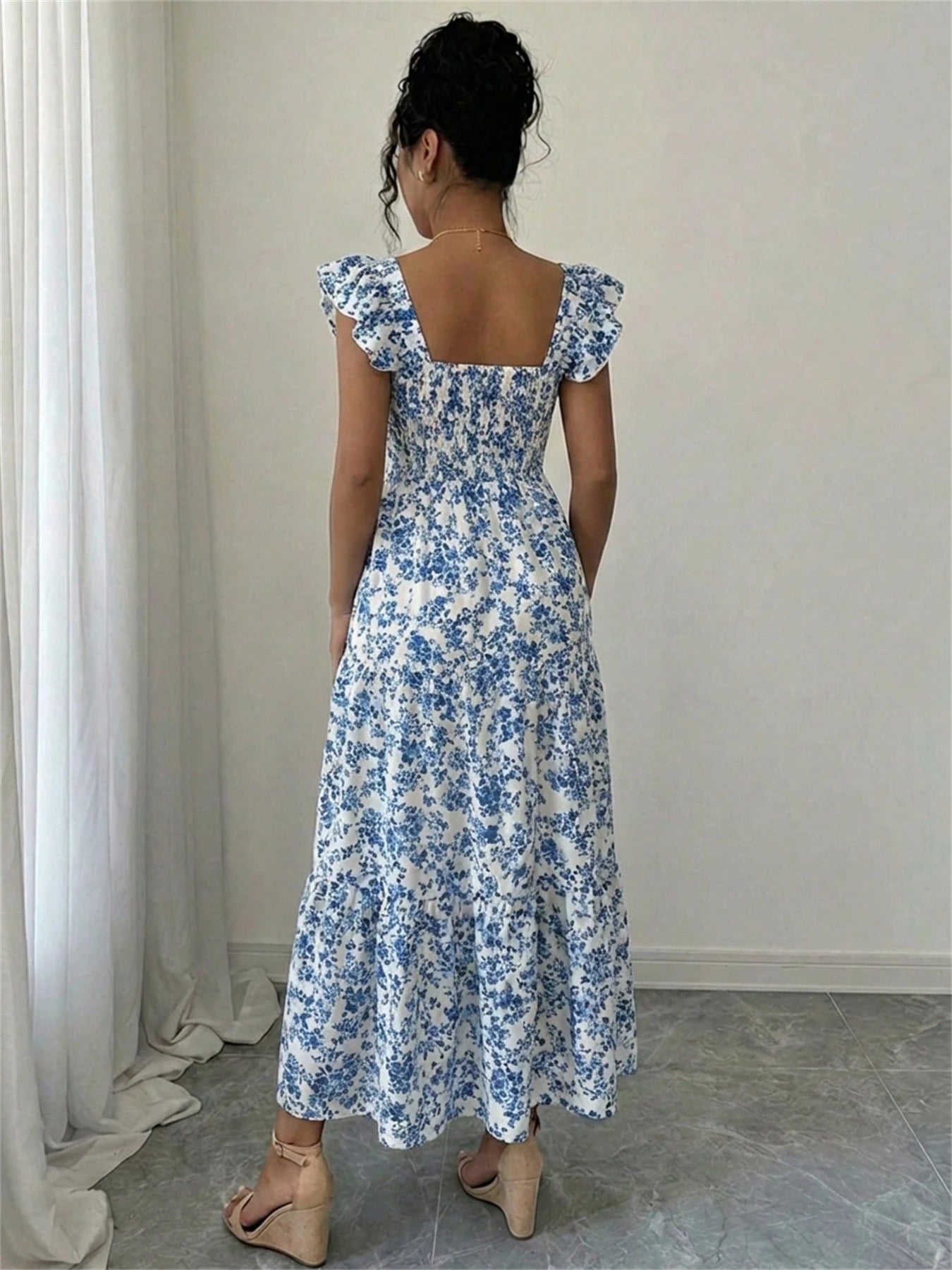 Summer Square Neck Backless Smocked Floral Dress Women's Sleeveless Ruffle Trim Tiered Cami Midi Beach Vacation Dress