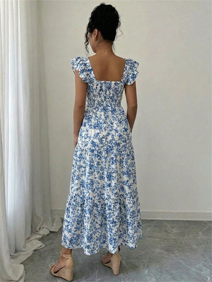 Summer Square Neck Backless Smocked Floral Dress Women's Sleeveless Ruffle Trim Tiered Cami Midi Beach Vacation Dress