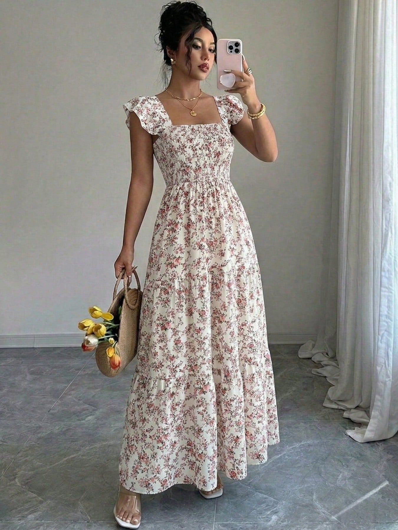 Summer Square Neck Backless Smocked Floral Dress Women's Sleeveless Ruffle Trim Tiered Cami Midi Beach Vacation Dress