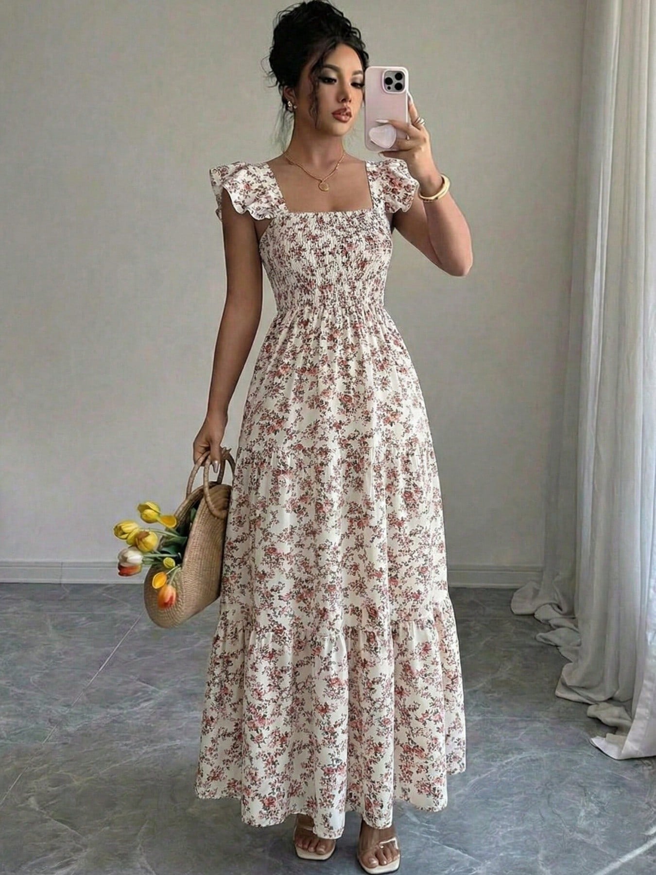 Summer Square Neck Backless Smocked Floral Dress Women's Sleeveless Ruffle Trim Tiered Cami Midi Beach Vacation Dress