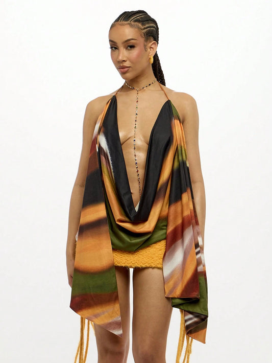 SUMWON WOMEN Halter Neck Cowl Draped Evening Top Festival Party Club Wear Backless Summer Metallic Shimmer Multi Color Printed Top