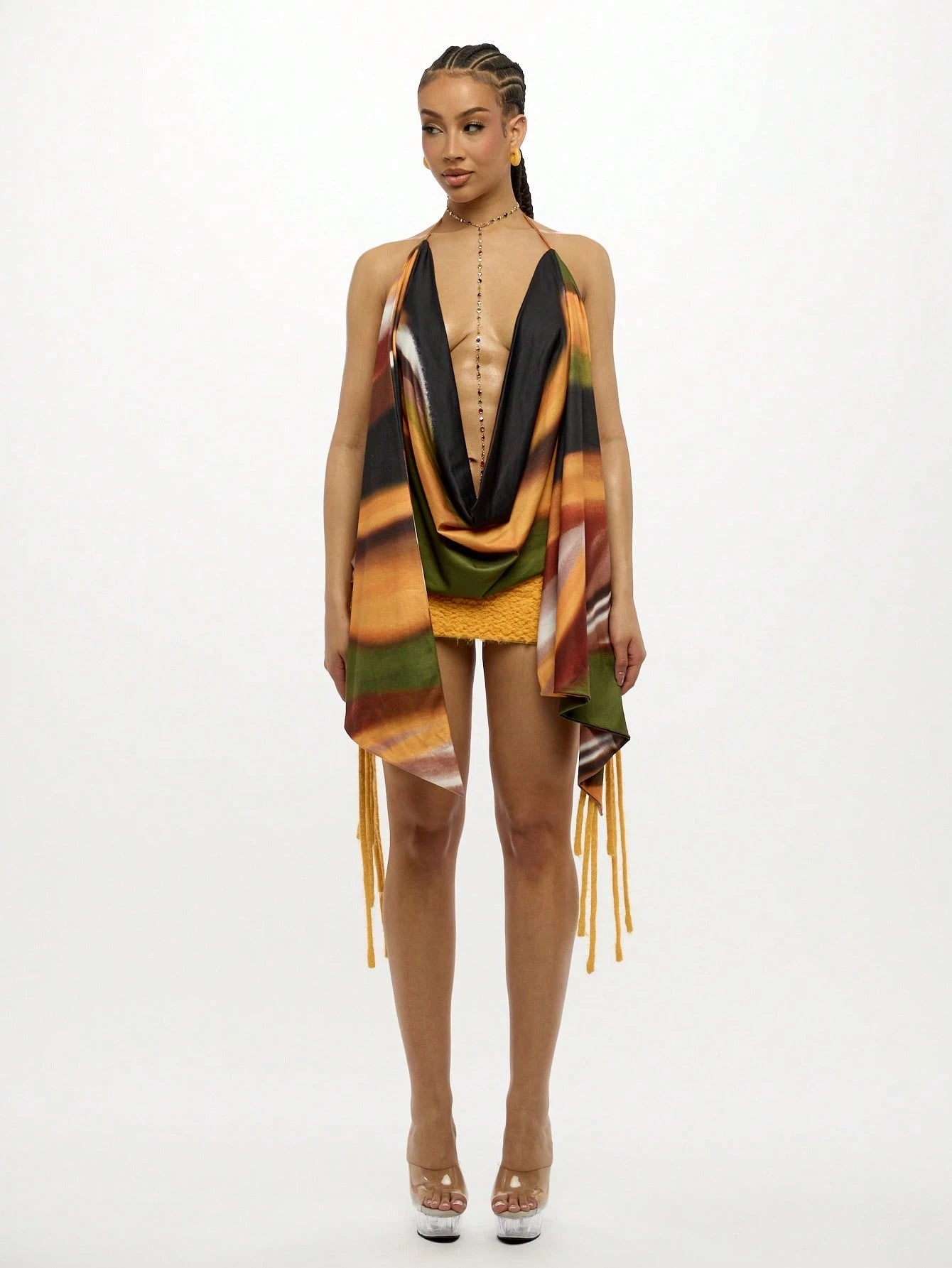 SUMWON WOMEN Halter Neck Cowl Draped Evening Top Festival Party Club Wear Backless Summer Metallic Shimmer Multi Color Printed Top
