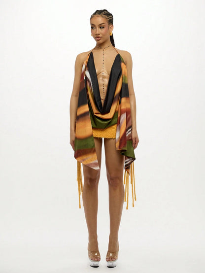 SUMWON WOMEN Halter Neck Cowl Draped Evening Top Festival Party Club Wear Backless Summer Metallic Shimmer Multi Color Printed Top
