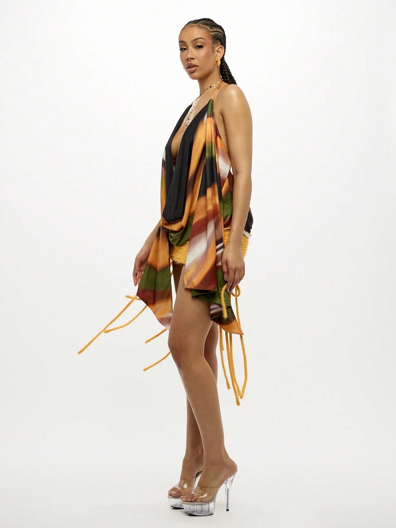SUMWON WOMEN Halter Neck Cowl Draped Evening Top Festival Party Club Wear Backless Summer Metallic Shimmer Multi Color Printed Top