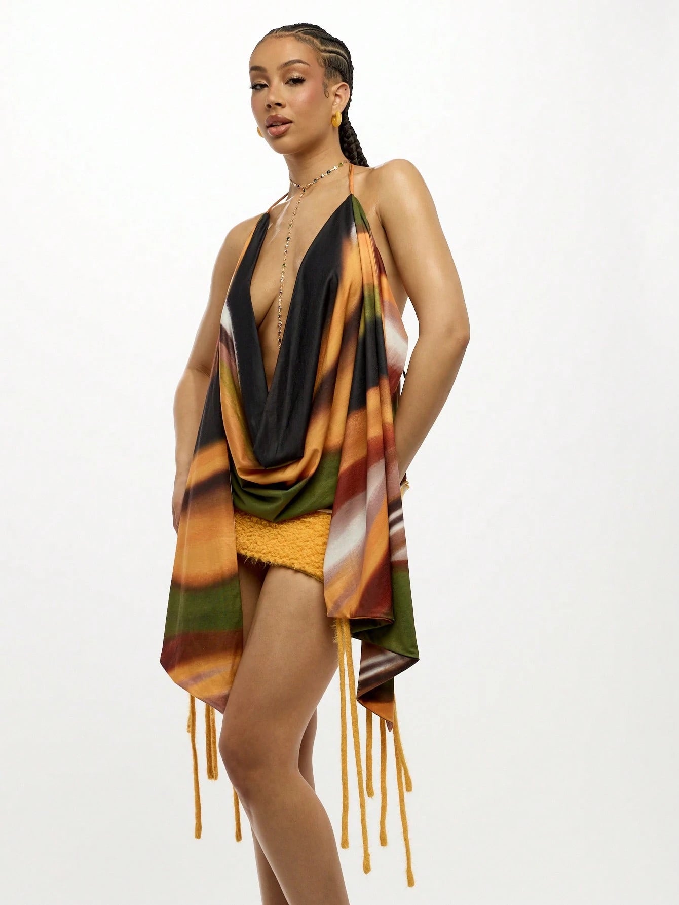 SUMWON WOMEN Halter Neck Cowl Draped Evening Top Festival Party Club Wear Backless Summer Metallic Shimmer Multi Color Printed Top