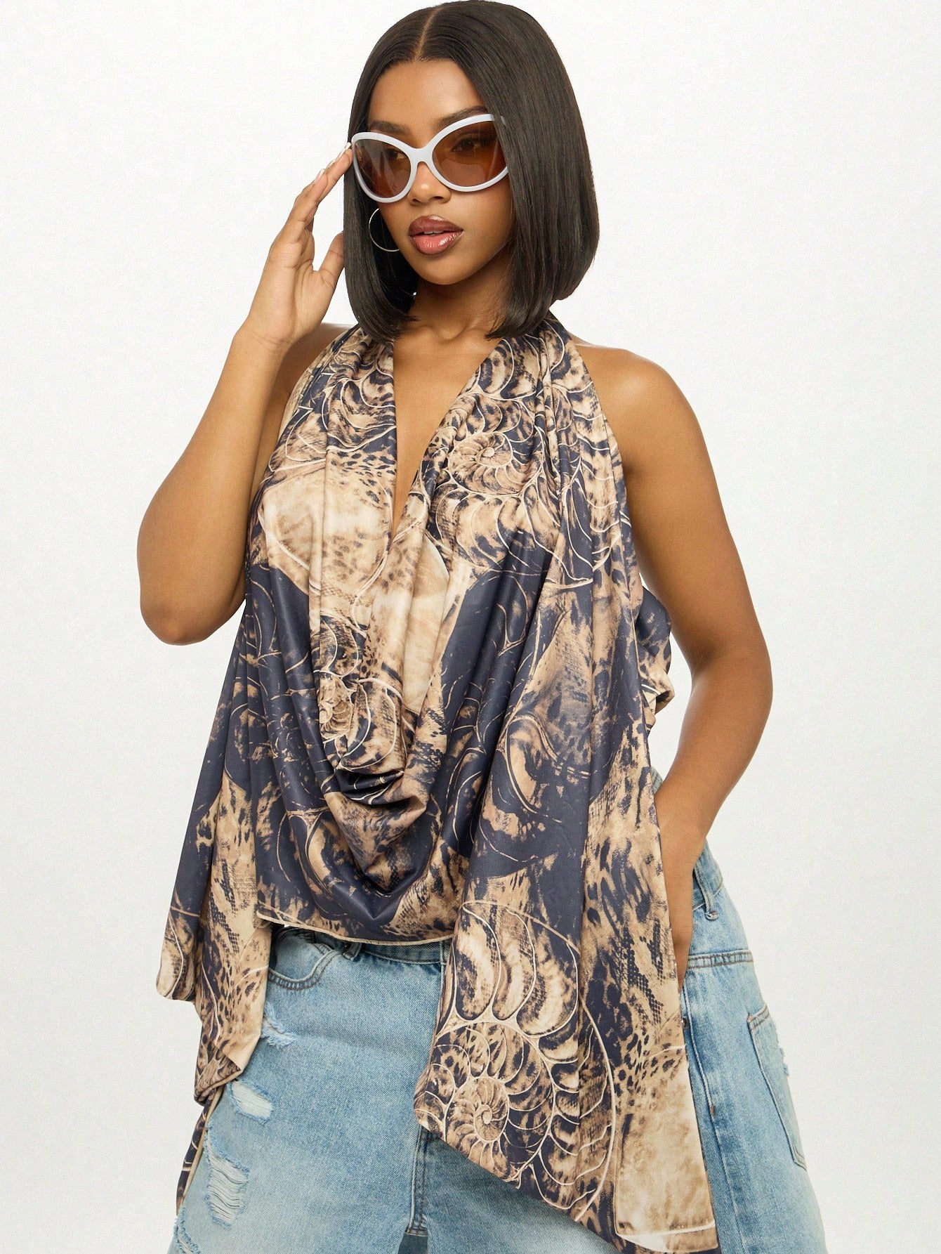 SUMWON WOMEN Halter Neck Cowl Draped Evening Top Festival Party Club Wear Backless Summer Metallic Shimmer Multi Color Printed Top