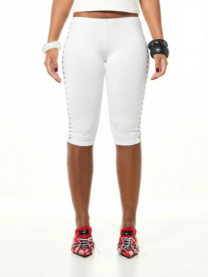 SUMWON WOMEN Women Jersey Capri Leggings With Side Eyelet Button Detail Stretch Mid Rise Three Quarter Length Pants