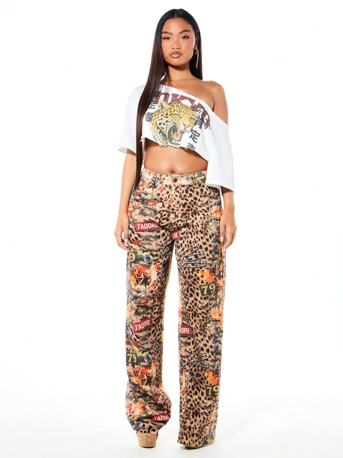 SUMWON WOMEN Women's Oversized Off Shoulder Distressed Tokyo Leopard Graphic Tee With Asian Script Streetwear Fashion Casual Top