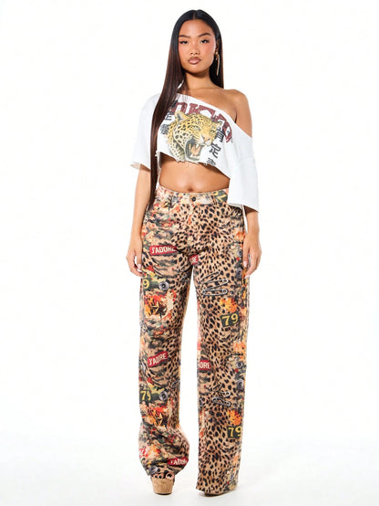 SUMWON WOMEN Women's Oversized Off Shoulder Distressed Tokyo Leopard Graphic Tee With Asian Script Streetwear Fashion Casual Top