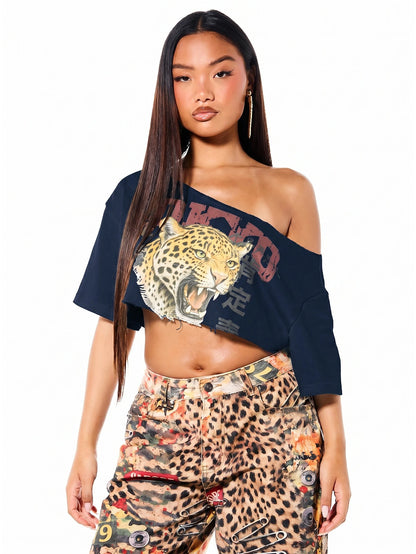 SUMWON WOMEN Women's Oversized Off Shoulder Distressed Tokyo Leopard Graphic Tee With Asian Script Streetwear Fashion Casual Top