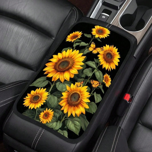 Sunflower Art Car Center Console Cover Mat, Soft, Waterproof, Non-Slip, Easy To Clean, Universal Fit, Suitable For SUVs, Trucks, Minivans, Daily Commuting, Long Distance Travel, Interior Accessory, Un