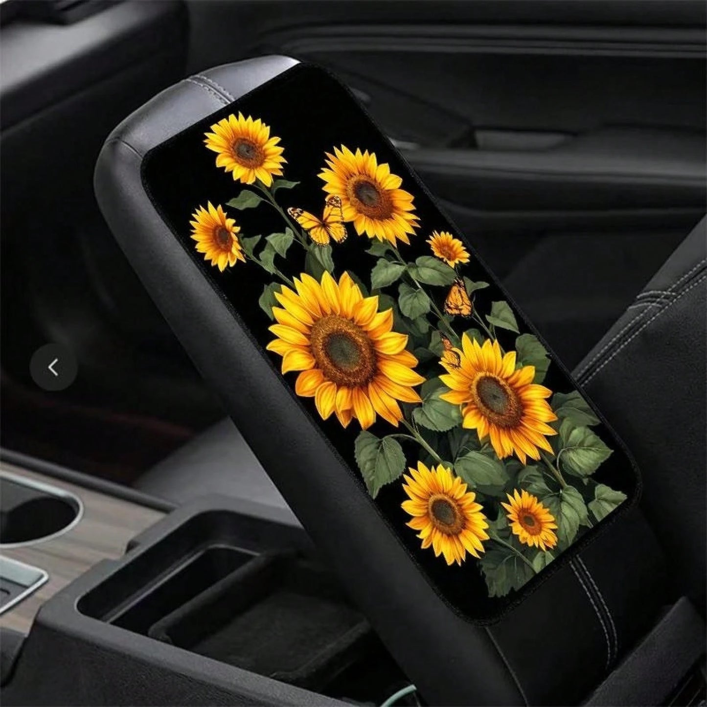 Sunflower Art Car Center Console Cover Mat, Soft, Waterproof, Non-Slip, Easy To Clean, Universal Fit, Suitable For SUVs, Trucks, Minivans, Daily Commuting, Long Distance Travel, Interior Accessory, Un