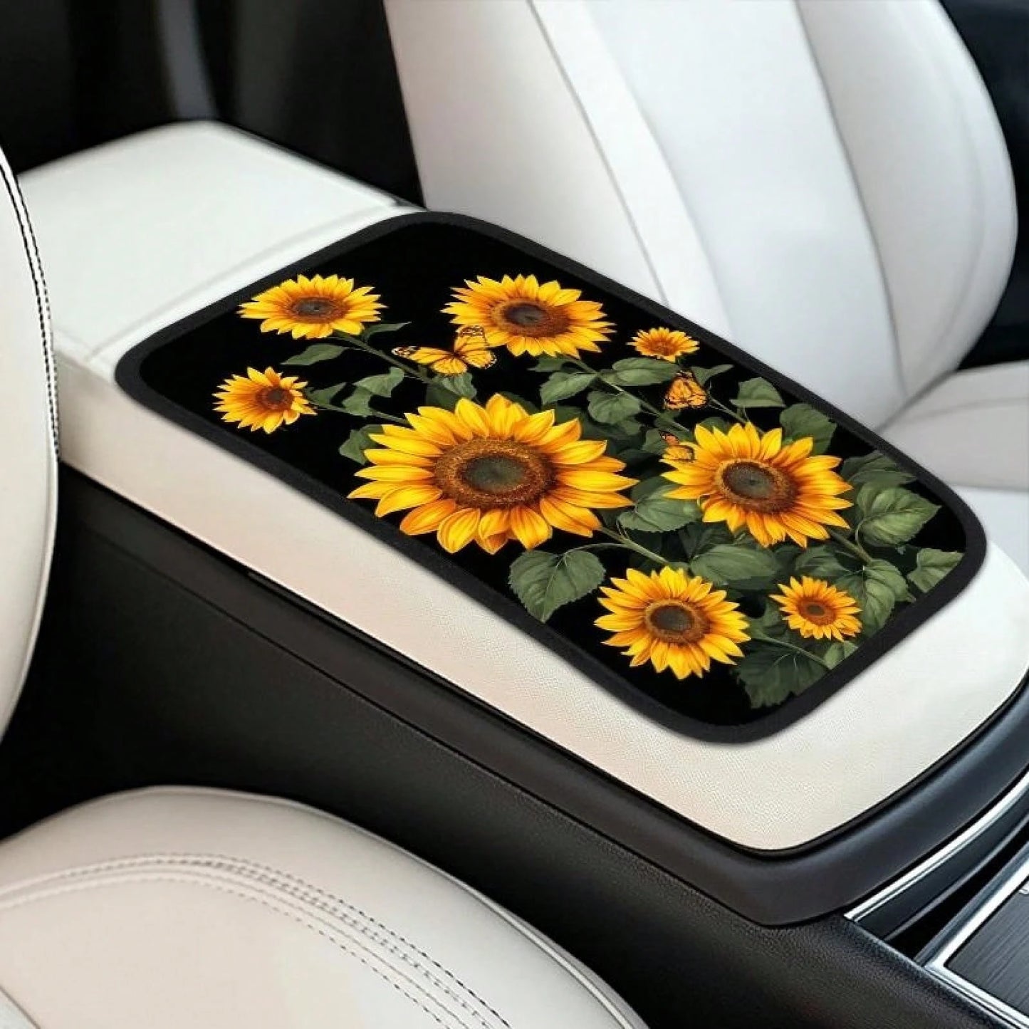 Sunflower Art Car Center Console Cover Mat, Soft, Waterproof, Non-Slip, Easy To Clean, Universal Fit, Suitable For SUVs, Trucks, Minivans, Daily Commuting, Long Distance Travel, Interior Accessory, Un