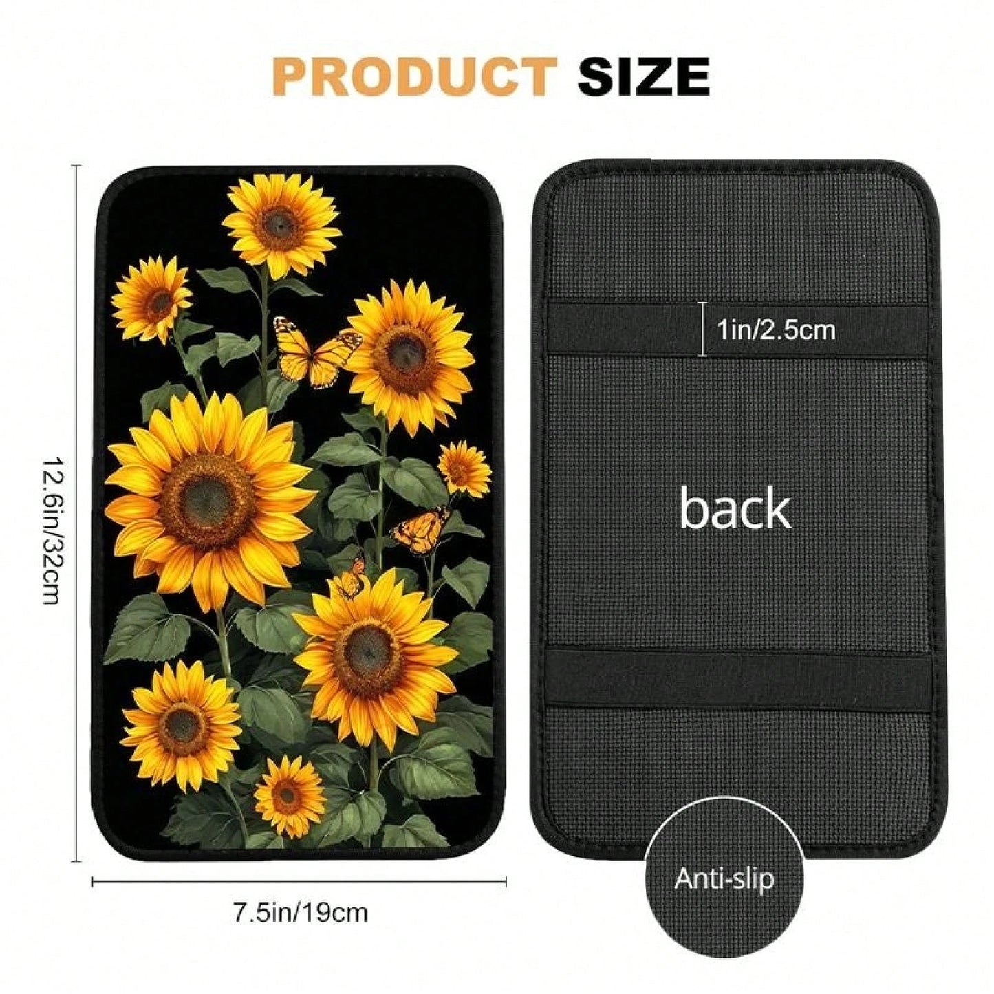 Sunflower Art Car Center Console Cover Mat, Soft, Waterproof, Non-Slip, Easy To Clean, Universal Fit, Suitable For SUVs, Trucks, Minivans, Daily Commuting, Long Distance Travel, Interior Accessory, Un
