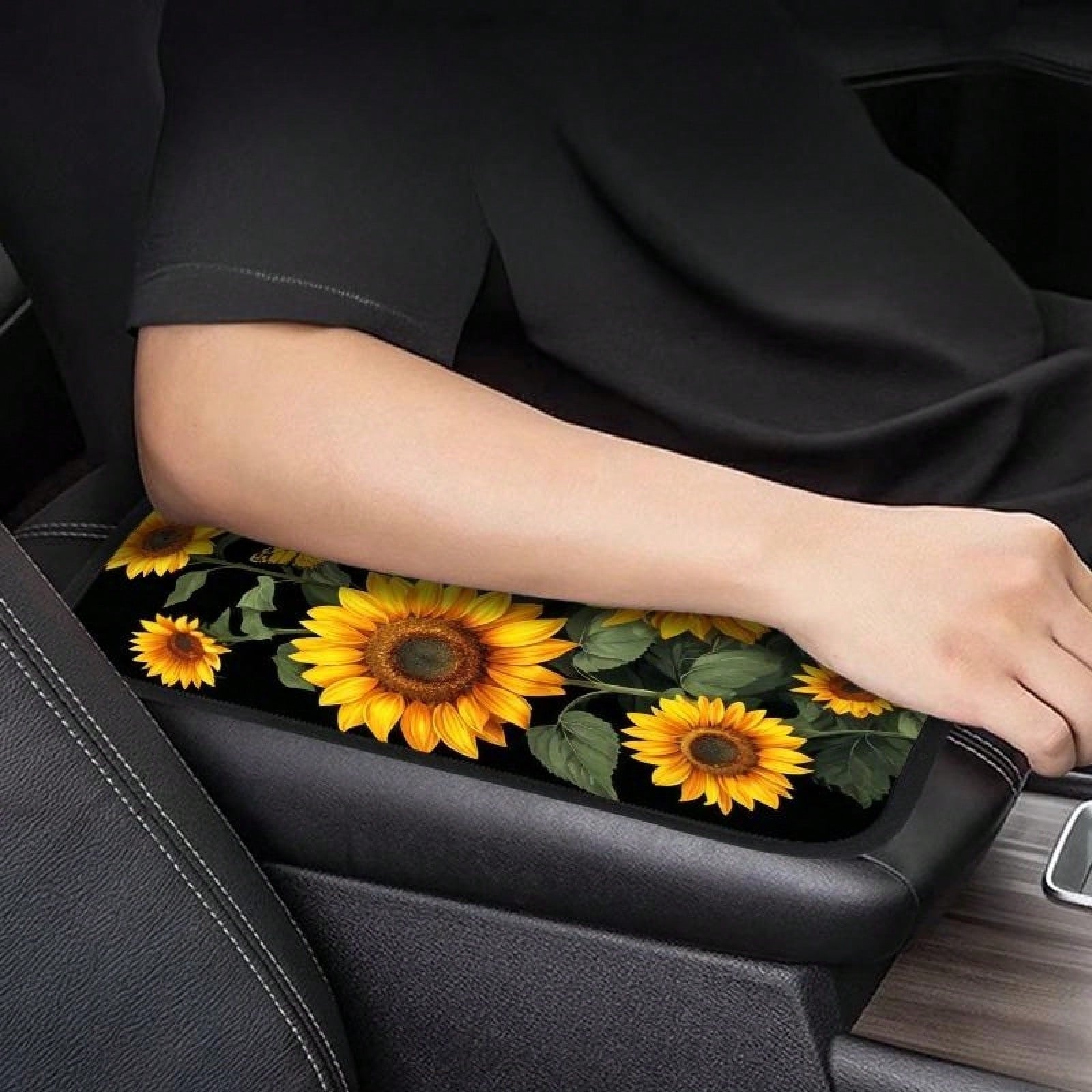 Sunflower Art Car Center Console Cover Mat, Soft, Waterproof, Non-Slip, Easy To Clean, Universal Fit, Suitable For SUVs, Trucks, Minivans, Daily Commuting, Long Distance Travel, Interior Accessory, Un